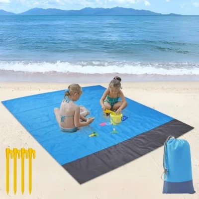 Immagine di WAYBWZDQ 200 x 210 cm Coperta da Spiaggia, Picnic Anti Sabbia Impermeabile Portatile, Tappetino con 4 Picchetti Fixed, Spiaggia per Campeggio, Viaggi