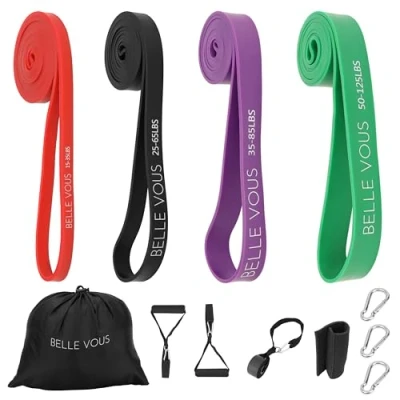 Immagine di Belle Vous Set di 4 Fascia Elastica Resistenza e Custodia Livelli per Allenamento, Stretching, Yoga, Pilates o Home Fitness Bande Elastiche ad Anello Donne/Uomini
