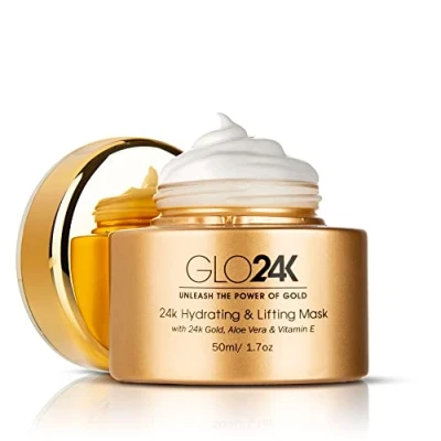 Immagine di GLO24K Hydrating and Lifting Mask with 24k Gold, Aloe Vera, Peptides, Vitamins. For Hydration Boost Effect that Generates a Glowing, Radiant Complexion Silky Smooth Skin.