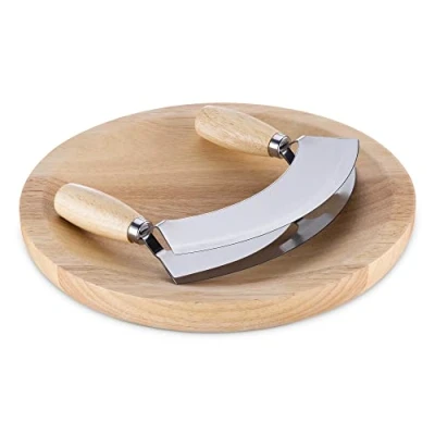 Immagine di Navaris Set Tagliere e Coltello Mezzaluna Tritaerbe Cutting Board 24x24x3cm Mezza Luna 17x13,5cm Legno di caucciù con Lama Acciaio Inossidabile