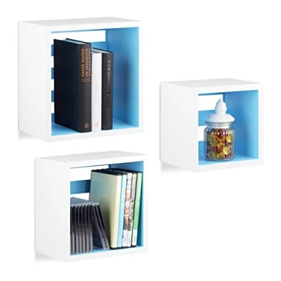 Immagine di Relaxdays 10021798_361 Set 3 Mensole da Parete Cube, Forma Quadrata, Cubo, Legno MDF, Bianco Blu