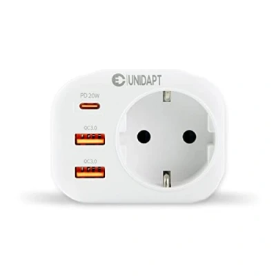 Immagine di Unidapt caricatore USB C da 20 W, presa parete, con funzione di ricarica rapida 3 4000 W (16 A) multiplo, adattatore spina 2 A QC 3.0 e 1 porta PD C, bianco