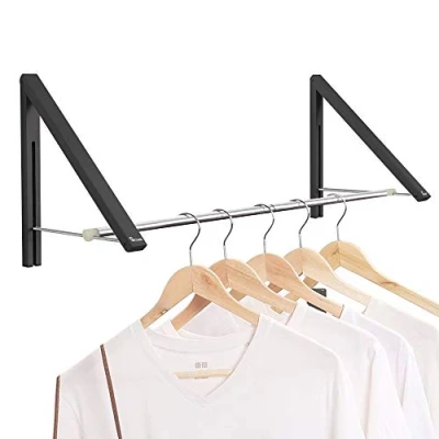 Immagine di Anjuer Appendiabiti a scomparsa muro pieghevole per lavanderia Ripostiglio Organizzazione di stoccaggio, Alluminio, 2 rack con asta (nero)