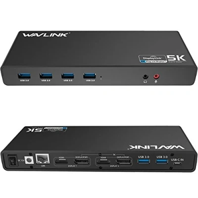 Immagine di WAVLINK USB 3.0/USB C Ultra 5K Universal Docking Station supporta due uscite video 4K per laptop, PC o Mac (DisplayPort e HDMI, Gigabit Ethernet, uscita audio Mic in, 6 porte 3.0