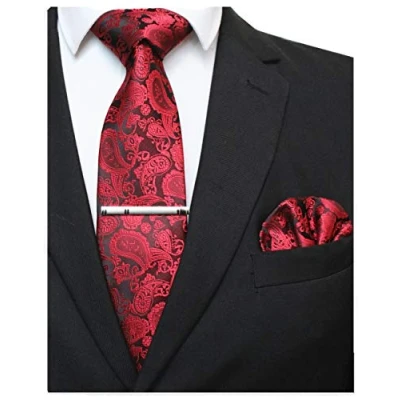 Immagine di JEMYGINS Cravatta Uomo Rosso2 in Seta Paisley Design Diversi Colori cena di gala con Fazzoletto e Fermacravatta