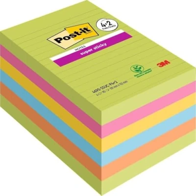 Immagine di Foglietti Post it Super Sticky, colori assortiti, a righe, 101 mm x 152 mm, 90 foglietti/blocchetto, 4 + 2 blocchetti GRATIS/confezione