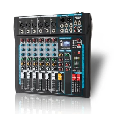 Immagine di mixer audio, a 6 canali per streaming, professionale con effetto 16 DSP, interfaccia audio USB e Phantom Power da 48 V, stereo DJ PC Recording/DJ palcoscenico