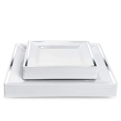 Immagine di Matana 40 Piatti Quadrati in Plastica Bianca Premium con Bordo Argento 2 Misure: 20 x 24cm, 16,5cm Eleganti, Resistenti e Riutilizzabili Matrimoni, Compleanni, Natale, Barbecue, Feste