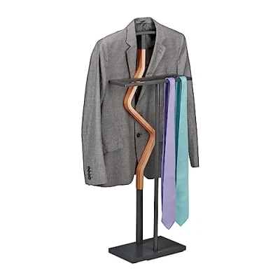 Immagine di Relaxdays Servo Muto da Camera, 107x47,5x20 cm, Appendiabiti per Giacca Camicia e Pantalone, Acciaio MDF, Grigio Marrone