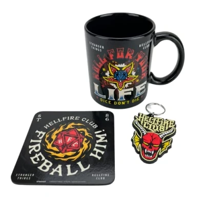 Immagine di Pyramid International Stranger Things Set regalo con tazza, sottobicchiere e portachiavi, in confezione (Hellfire), 325 ml, prodotto ufficiale