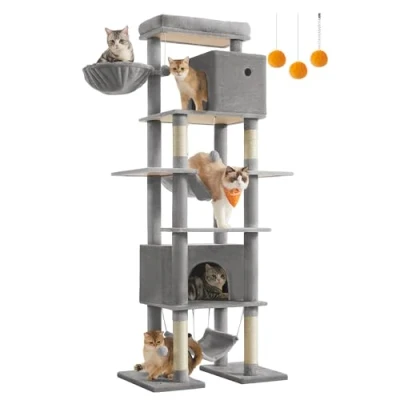 Immagine di Feandrea Albero per Gatti Grande, Tiragraffi Multilivello XXL, Alto 201 cm, con una Piattaforma, un&#039;Amaca, 2 Casette Gatti, Amache, Kit Antiribaltamento, Grigio Chiaro PCT195G01