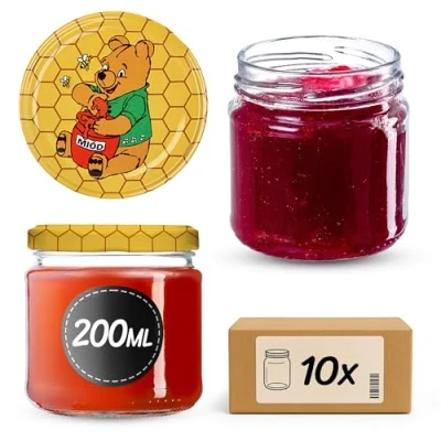 Immagine di KADAX Barattoli Ermetici di Vetro da 200 ml, Vassetti Piccoli con Coperchio a Vite per Conserve Frutta, Marmellate e Yogurt (Set 10, Miele)