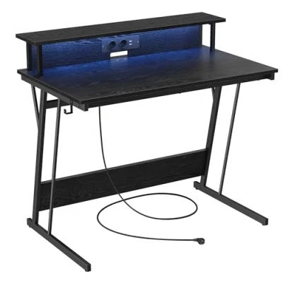 Immagine di VASAGLE Scrivania da Gaming con Luci LED e Prese di Corrente, Computer, Supporto per Monitor, Tavolo 2 Ufficio, Camera Letto, 60 x 100 76 cm, Nero Ebano LWD191B56