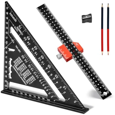 Immagine di QEANY 180mm Squadra da falegname, 300mm Righello Falegname 45/ 90, con Matite Carpentiere, strumento per marcatura, conciatetti, ingegnere