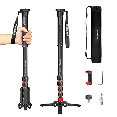 Immagine di Manbily Monopiede per fotocamera estensibile in alluminio con piedini, supporto portatile da viaggio e rimovibile DSLR Canon/Sony/Cellulare 5 sezioni fino a 170 cm, carico massimo 15,5 lbs (A 222)