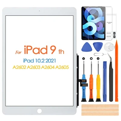 Immagine di Touch Screen per iPad 9 2021 9th Generazione, Digitizer Touchscreen 10.2 A2602 A2603 A2604 A2605, Schermo tattile Frontale, include Strumenti di Riparazione, Senza Pulsante Home (White)