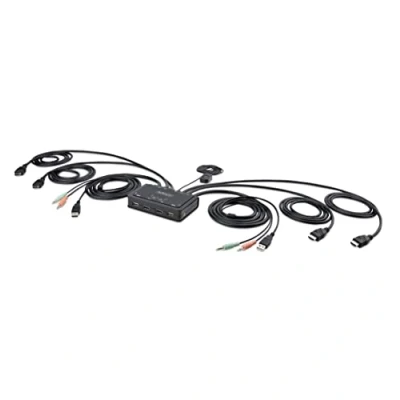 Immagine di StarTech.com KVM Switch HDMI a 2 porte per doppio monitor 4K 60Hz, con cavi USB A/HDMI/Audio da 1,5 m, alimentato bus Pulsante remoto/commutazione hotkey (C2 DH46 UA2 CBL KVM)