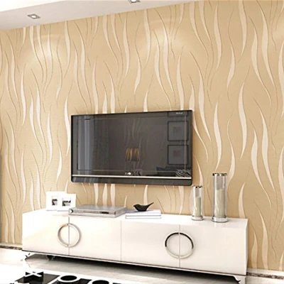 Immagine di Carta da parati in tessuto non tessuto, effetto 3D stereoscopico a strisce/onde, sfondo per TV e salotto, moderna semplice, 0,53 m (larghezza) x 10 (lunghezza) = 5,3 m², colore: beige