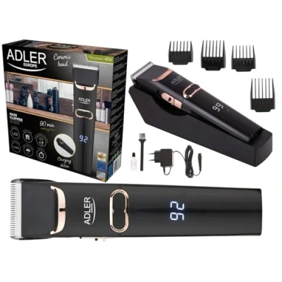 Immagine di Adler Tagliacapelli con 4 Accessori, Lama in Ceramica, Rasoio Barba, Funzionamento a Batteria e Rete, regolabarba, Nero, Unica