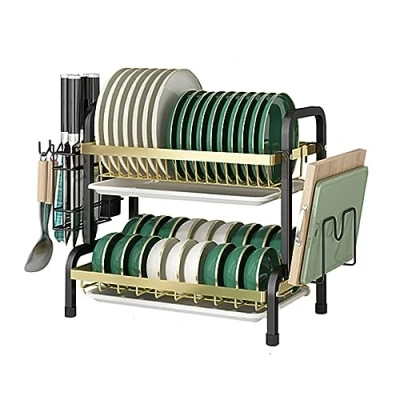 Immagine di Scolapiatti,scolapiatti antiruggine,organizzatore salvaspazio a 3 livelli,porta tagliere Da cucina,Staccabile Scolapiatti Per Bancone Cucina/verde dorato
