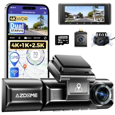 Immagine di AZDOME M550 MAX 4K 3 Canali Dash Cam, 4K+1080P+2.5K Telecamera per Auto, WiFi GPS, Cam Auto IPS 3.19&quot; con Scheda SD 64G