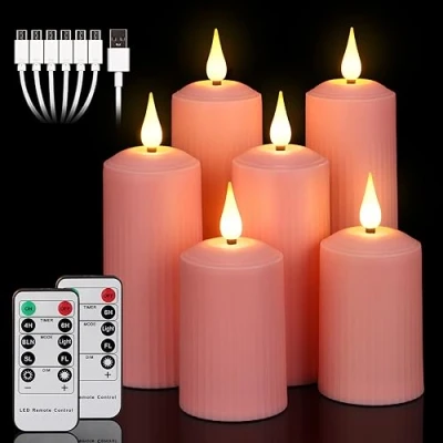 Immagine di yunsheng candele LED ricaricabili con telecomando a 10 tasti, per esterni, impermeabili, senza fiamma, timer da 6/8H, set 6 romane (5,1 x 10,5/14/16,5 cm), rosa, tipo C
