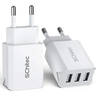 Immagine di SCHITEC Caricatore USB da Muro a 3 Porte, 15W/3A Caricabatterie Presa Universale per iPhone 11 XS XR Samsung M20 S10 Huawei P30 P20 Lite, HTC, Tablet e Altro (White)