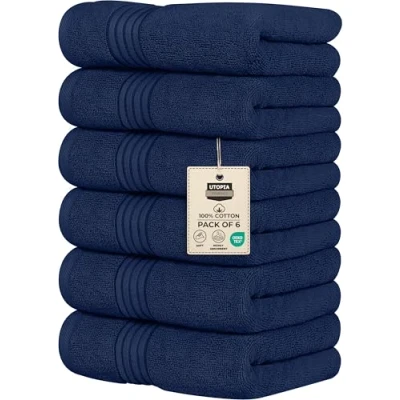 Immagine di Utopia Towels Set Di 6 Asciugamani Lusso, (41 x 71 CM) 100% Cotone Filato Ad Anello, Leggeri e Altamente Assorbenti Per il Bagno, i Viaggi, Campeggio, l&#039;hotel La Spa(Blu)