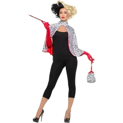 Immagine di Smiffys Kit Deluxe da Crudelia, Nero e bianco, con mantello, borsa, guanti supporto per sigaretta