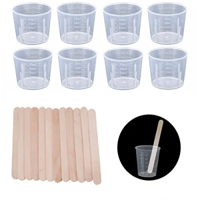 Immagine di 50 bicchieri di miscelazione in plastica da 30 ml con bastoncini 11,4 cm, brocche graduate, trasparenti, riutilizzabili, per miscelare resina epossidica