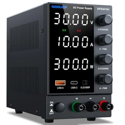 Immagine di alimentatore di rete da laboratorio regolabile 30 V 10 A, DC variabile con porta ricarica rapida USB A/tipo C, display a 4 LED ad alta precisione DPS3010U