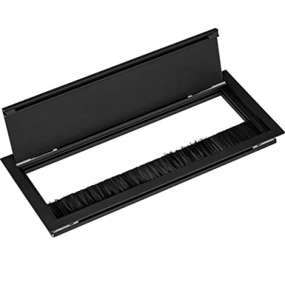 Immagine di Gedotec passacavo rettangolare nero con guarnizione a spazzola, 1 pezzo, per scrivania, EXIT G11 ECO, scatola cavi in alluminio incassata, 240 x 100 mm, uscita cavo tavolo da ufficio