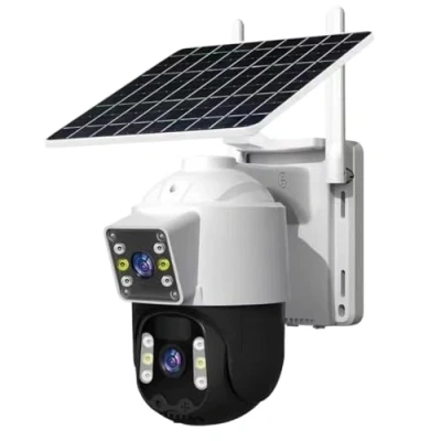 Immagine di EMEBAY Telecamera Wi Fi Esterno Senza Fili con Pannello Solare, Videocamera Sorveglianza Batteria, 6MP/2 Lenti/Rotazione a 360/Rilevamento Umano/Visione Notturna Colori/Audio bidirezionale