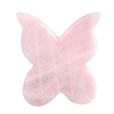 Immagine di Rullo in giada al quarzo rosa, vera giada, per massaggio Gua Sha, funghi, massaggiatore viso, strumento Guasha facciale (a forma di farfalla)