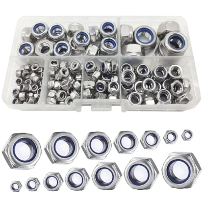 Immagine di 150 Dadi Autobloccanti M12/M10/M8/M6/M5/M4/M3, Bloccaggio in Acciaio Inox, esagonali con Parte di plastica nylon (Argento)