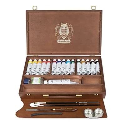 Immagine di Schmincke Norma® Colori sopraffini ad Olio Premium, Scatola di Legno, Set Pittura 15 x 35 ml, 71 115 097, Accessori: Bianco 120 2 pennelli Davinci ECC.