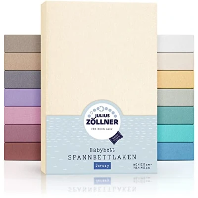 Immagine di Julius Zöllner Lenzuolo con angoli elasticizzati in jersey per lettino, 100% di cotone, certificato Oeko Tex Standard 100, dimensioni: 60 x 120 cm/70 140 cm, confezione da 1 pezzo, ecru