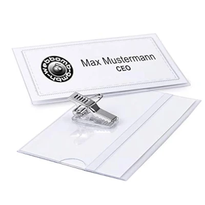 Immagine di WEBBOMB 50 custodie per badge in plastica, vestiti, biglietti da visita, con clip e spillo, porta badge, pezzi, trasparente