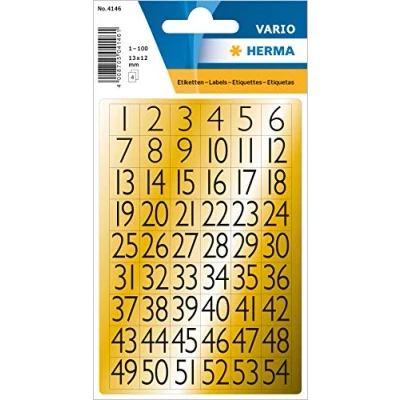 Immagine di HERMA 4146 Adesivi con Numeri da 1 a 100, in Lamina d&#039;oro (12 x 13 mm, 4 Fogli), autoadesivi, Numero Permanente, 216 Etichette Oro/Nero