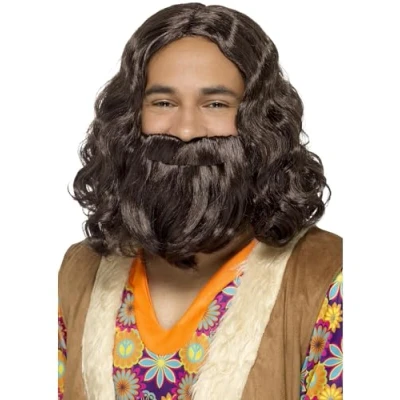 Immagine di Smiffys Set parrucca e barba Hippie/Gesù, marrone