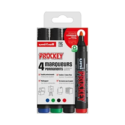 Immagine di Uni ball Prockey Pennarello permanente in acciaio inodoro PM122, multisupporto, base acqua, senza odore, punta conica media, 1,2 1,8 mm, confezione zero plastica, da 4 colori