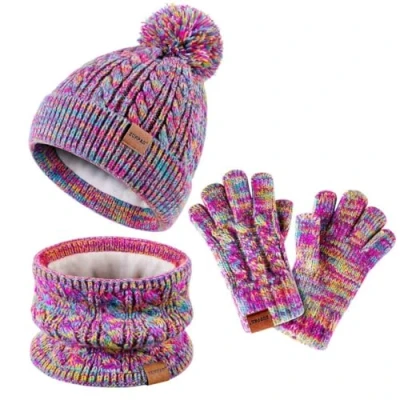 Immagine di ZUPPAD set di berretto e sciarpa per bambini, invernale con pompon, scaldacollo, guanti caldi in pile, regalo ragazze Mix arcobaleno,