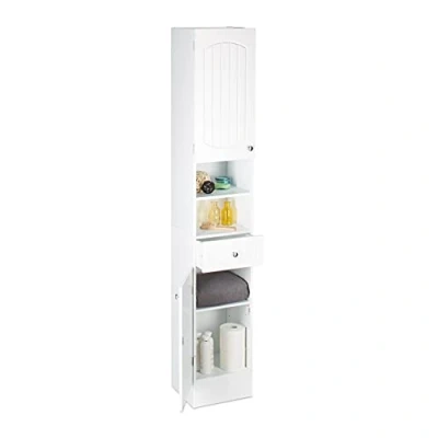 Immagine di Relaxdays Mobile Bagno Colonna, 2 Armadietti con Anta, 1 Cassetto, Design a Lamella, Legno, HLP, 5x30,5x32 cm, Bianco, Pannelli MDF, White, 173,5 x 30,5 32 cm