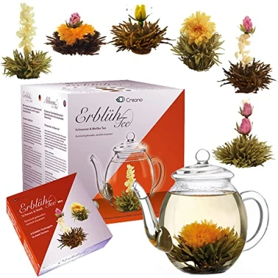 Immagine di Creano Mix di fiori Tè Set Regalo „Fiori Tè“ con bricco vetro 3x bianco e nero (6 tipi diversi)