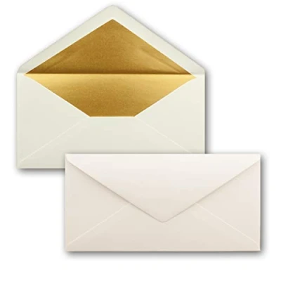 Immagine di 15x Buste formato lunghe Colore: Bianco naturale con rivestimento interno metallizzato oro 110 x 220 mm Colla a umido festive per Natale