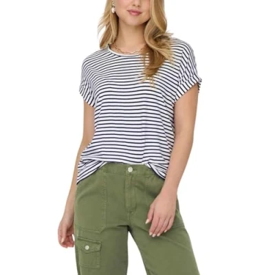 Immagine di ONLY Onlmoster Stripe O NECK Tshirt con stampa, Donna, Taglia: XS, Cloud dancer stripes/naval academy