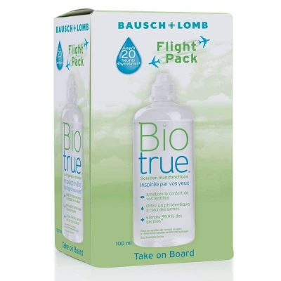 Immagine di Biotrue Multipurpose Viaggio Liquido per lenti a contatto, confezione da 100 ml, cuscinetto e reidrata le contatto morbide, condiziona, pulisce, rimuove proteine, disinfetta risciacqua