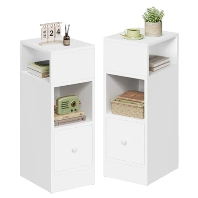 Immagine di EUGAD Set di 2 Comodino Stretto, con Scomparti a Giorno e Cassetto, Tavolino da Notte 25x30x66cm, Mobile Salvaspazio per Camera Letto, Soggiorno, in Truciolato, Rovere, 0192ZZ