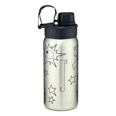 Immagine di ergobag Borraccia in acciaio inox con diversi motivi per bambini, 500 ml, senza BPA, a prova di perdite, facile da pulire, colore: nero