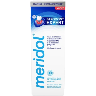 Immagine di meridol collutorio Parodont Expert 400 ml effetto antibatterico, aiuta a rafforzare la resistenza delle gengive alla causa di sanguinamento gengive, parodontite e declino